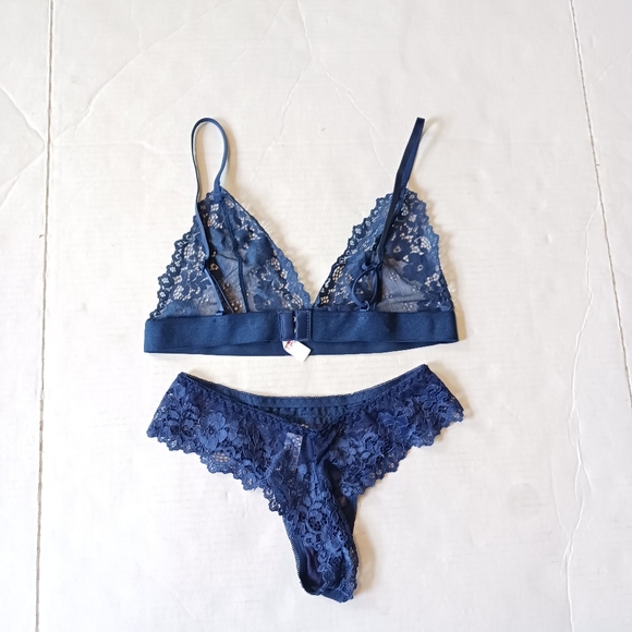 Romwe Blue Lace Unlined Bralette Lingerie Set Womens Size XS - Picture 4 of 5
